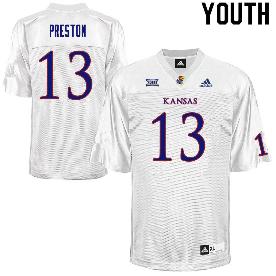 Youth #13 Jordan Preston Kansas Jayhawks College Football Jerseys Sale-White